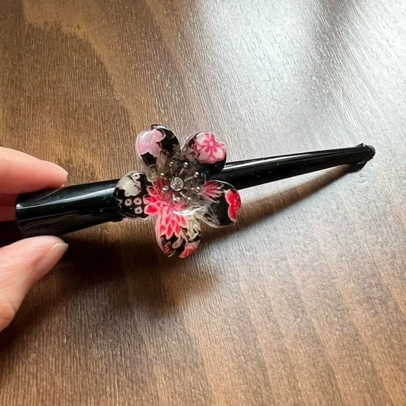 Japanese Floral Black Hair Clip pin red - Picture 2 of 6